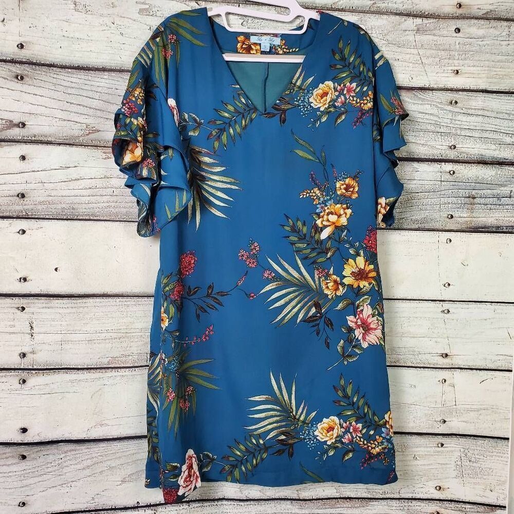 She + Sky Small Teal Floral Print Ruffle Sleeve Shift Dress